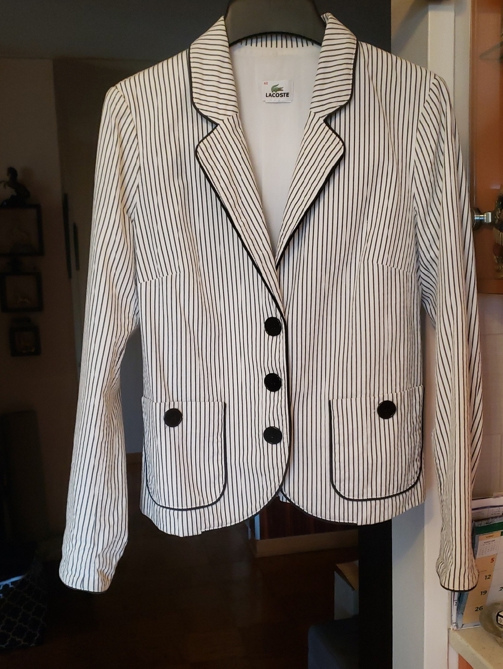 Lacoste White Blazer with Blue Pinstripes and Contrast Trim